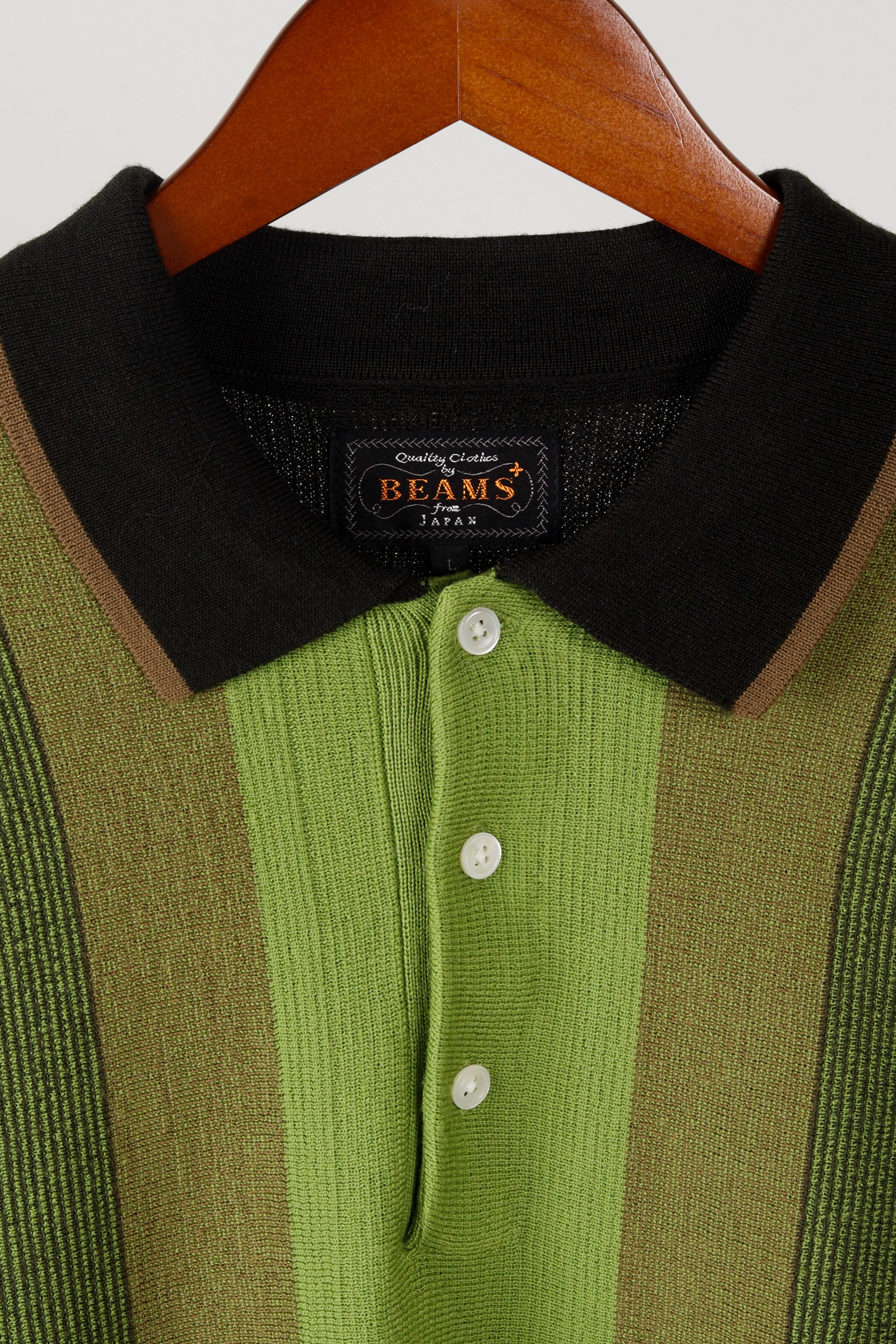Beams Plus FW22 'Knitted Wool Jacquard' L/S Polo Shirt Green (2022)