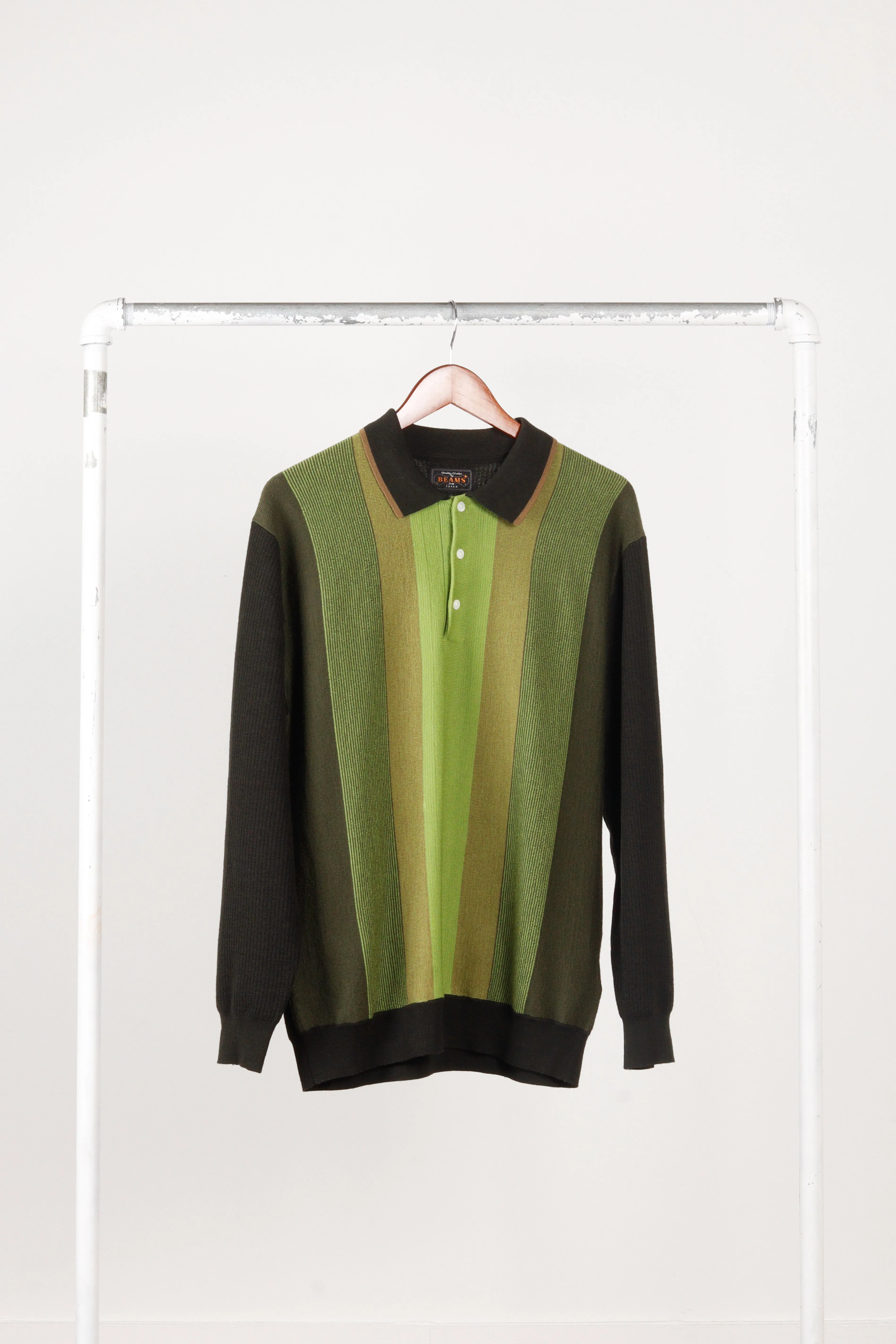 Beams Plus FW22 'Knitted Wool Jacquard' L/S Polo Shirt Green (2022)