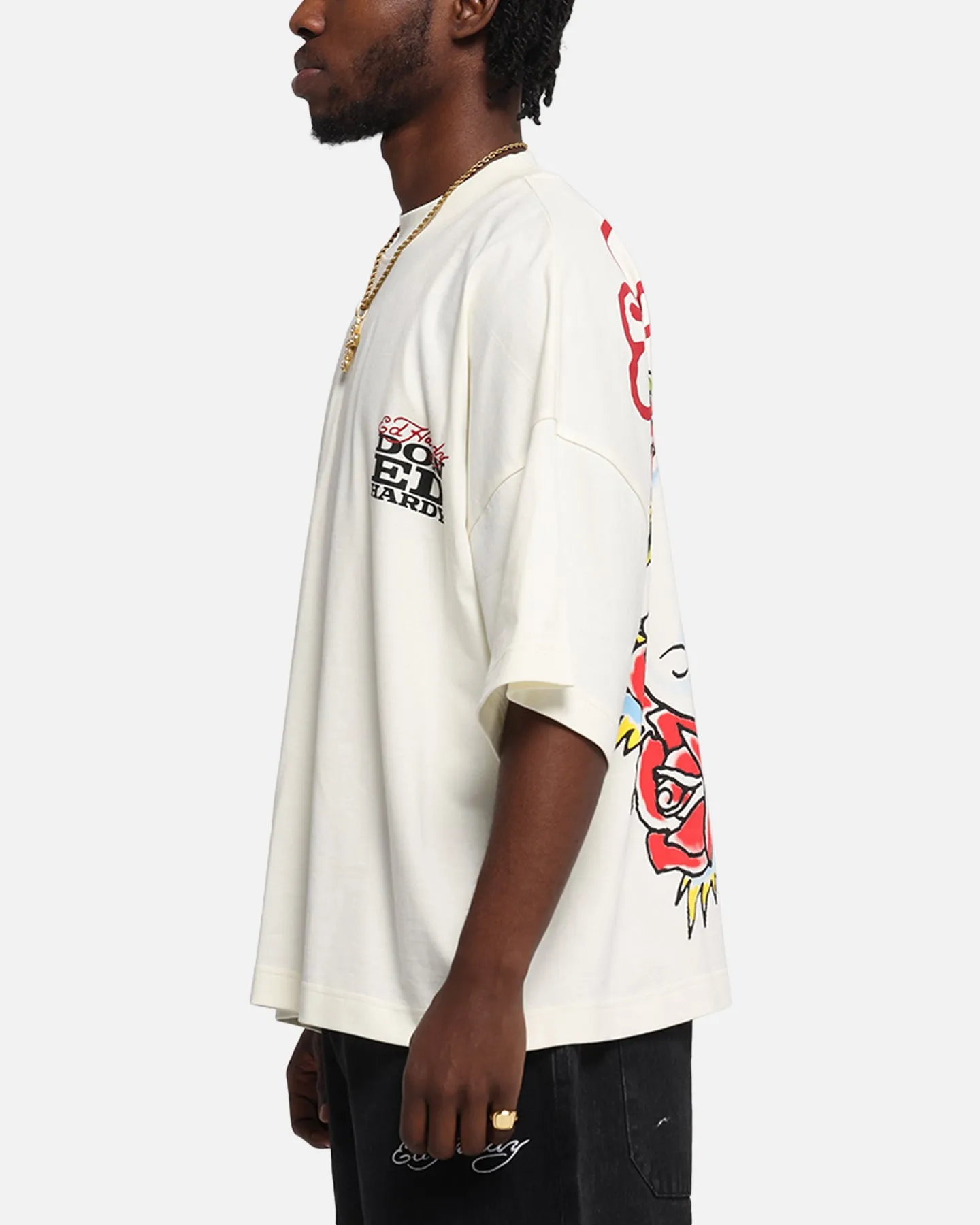 Ed Hardy Rose Skull Oversized Print T-Shirt Off White