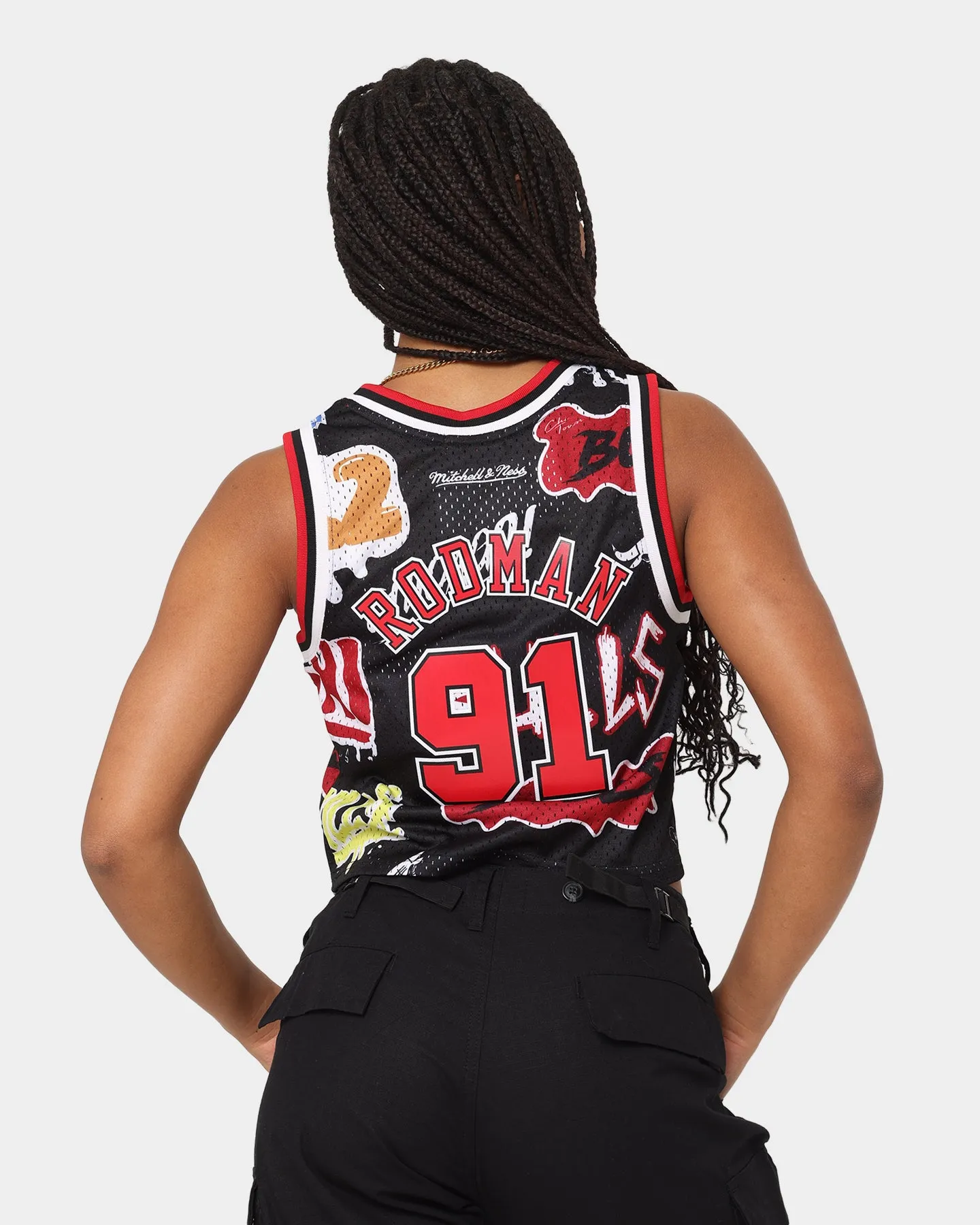 Mitchell & Ness Women's Dennis Rodman Chicago Bulls Slap Sticker Crop Tank Jersey Black