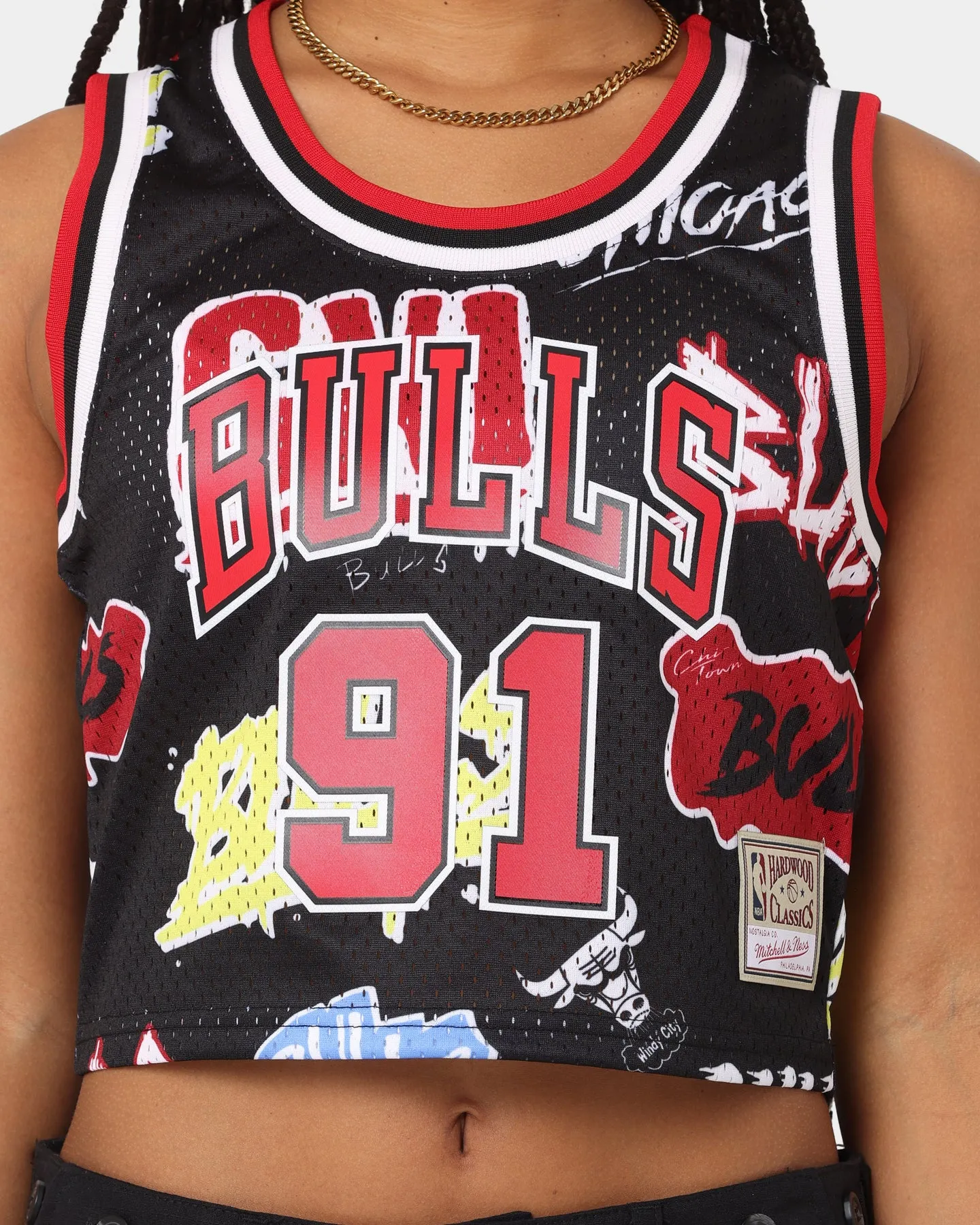 Mitchell & Ness Women's Dennis Rodman Chicago Bulls Slap Sticker Crop Tank Jersey Black