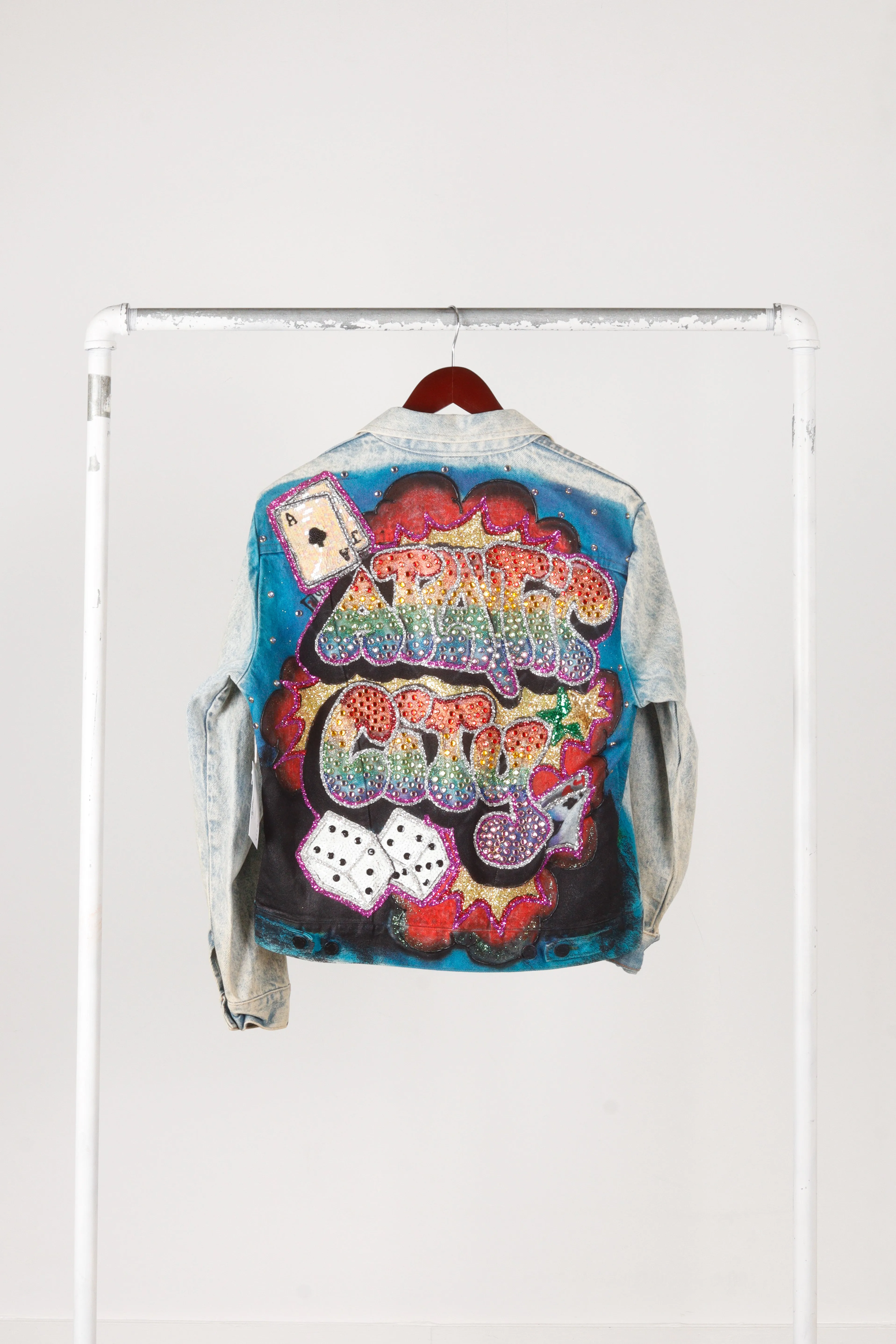 Vintage 80's Rustlers 'Custom Atlantic City' Bejeweled Denim Jacket  Light Wash