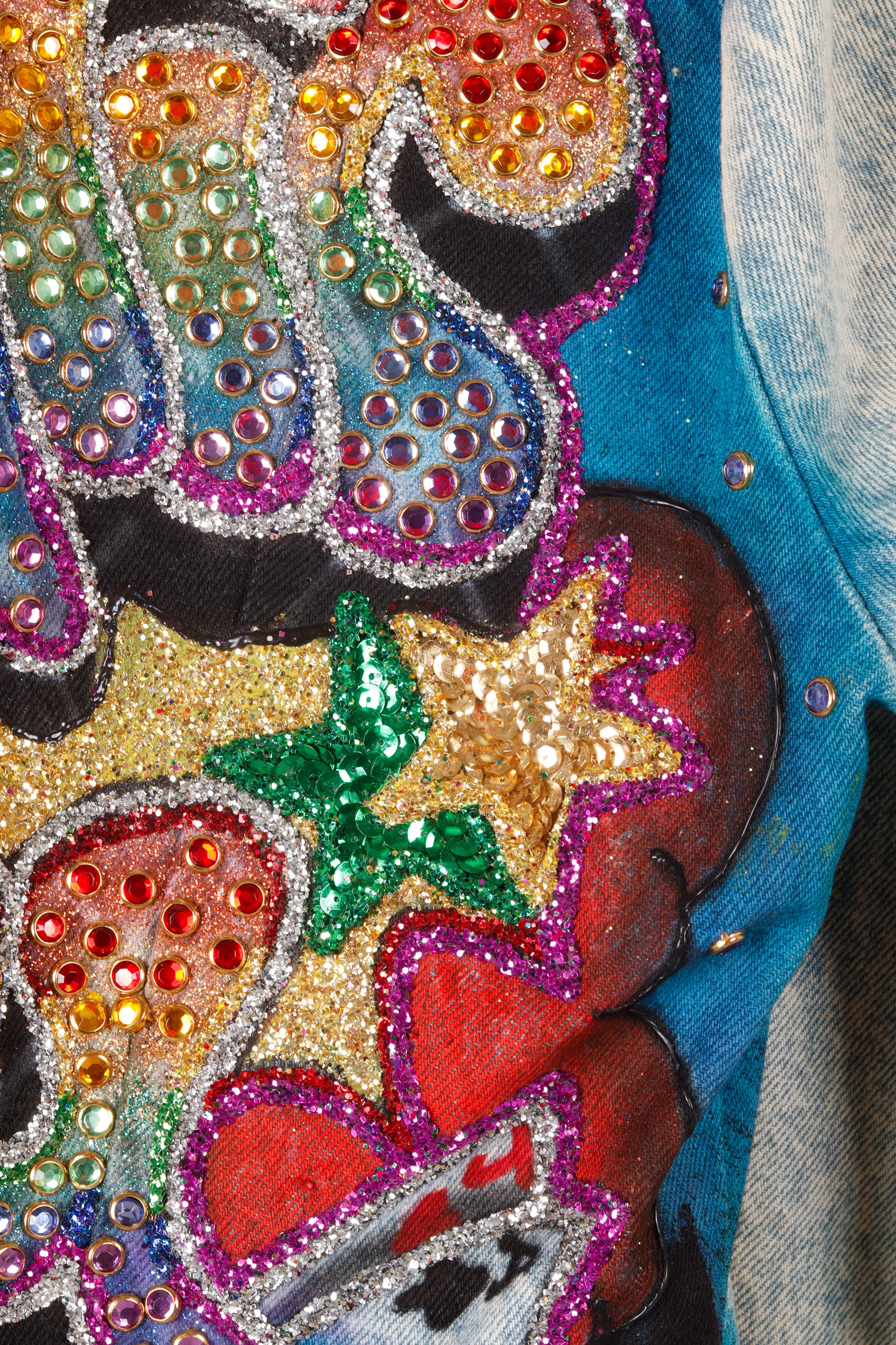 Vintage 80's Rustlers 'Custom Atlantic City' Bejeweled Denim Jacket  Light Wash