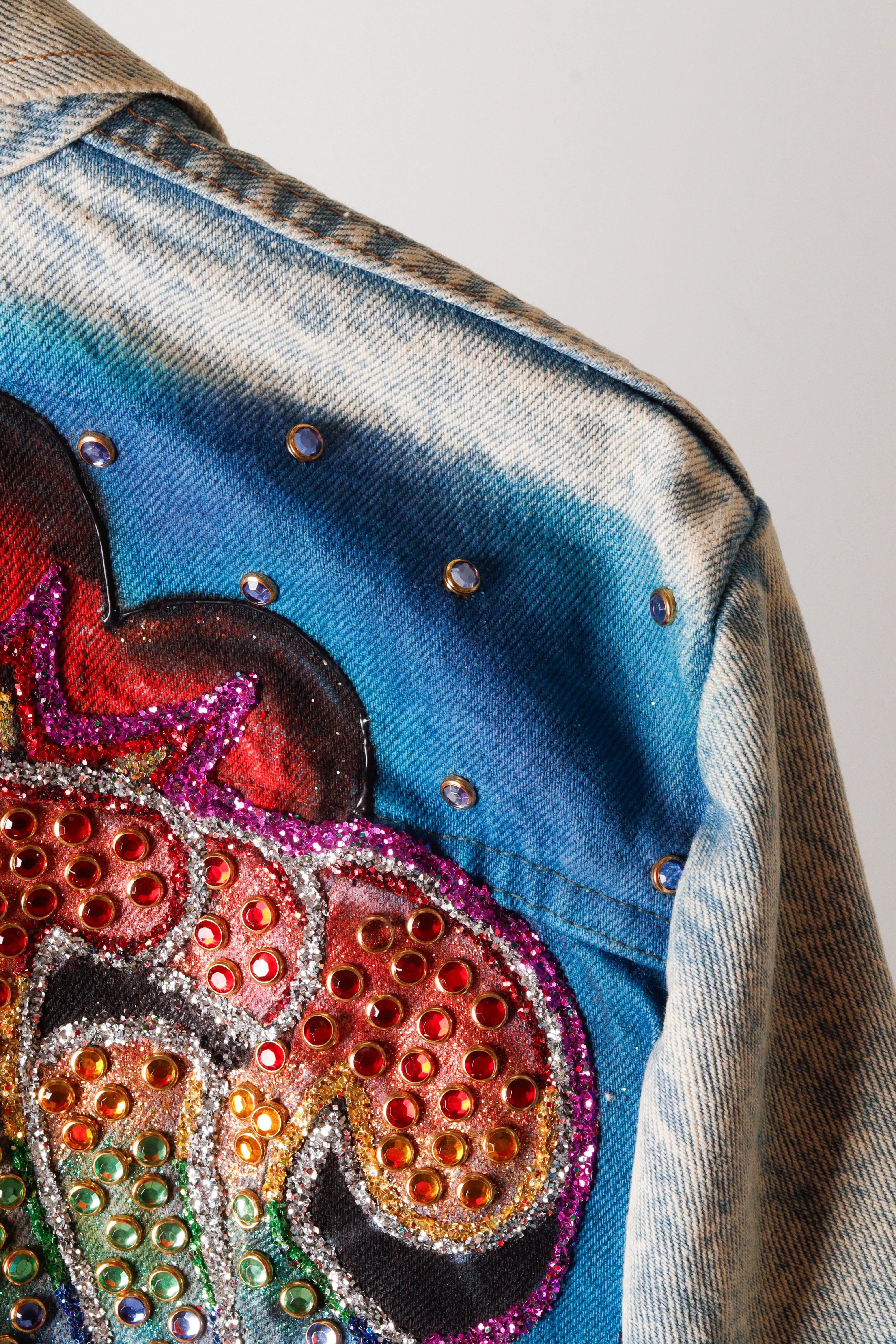 Vintage 80's Rustlers 'Custom Atlantic City' Bejeweled Denim Jacket  Light Wash