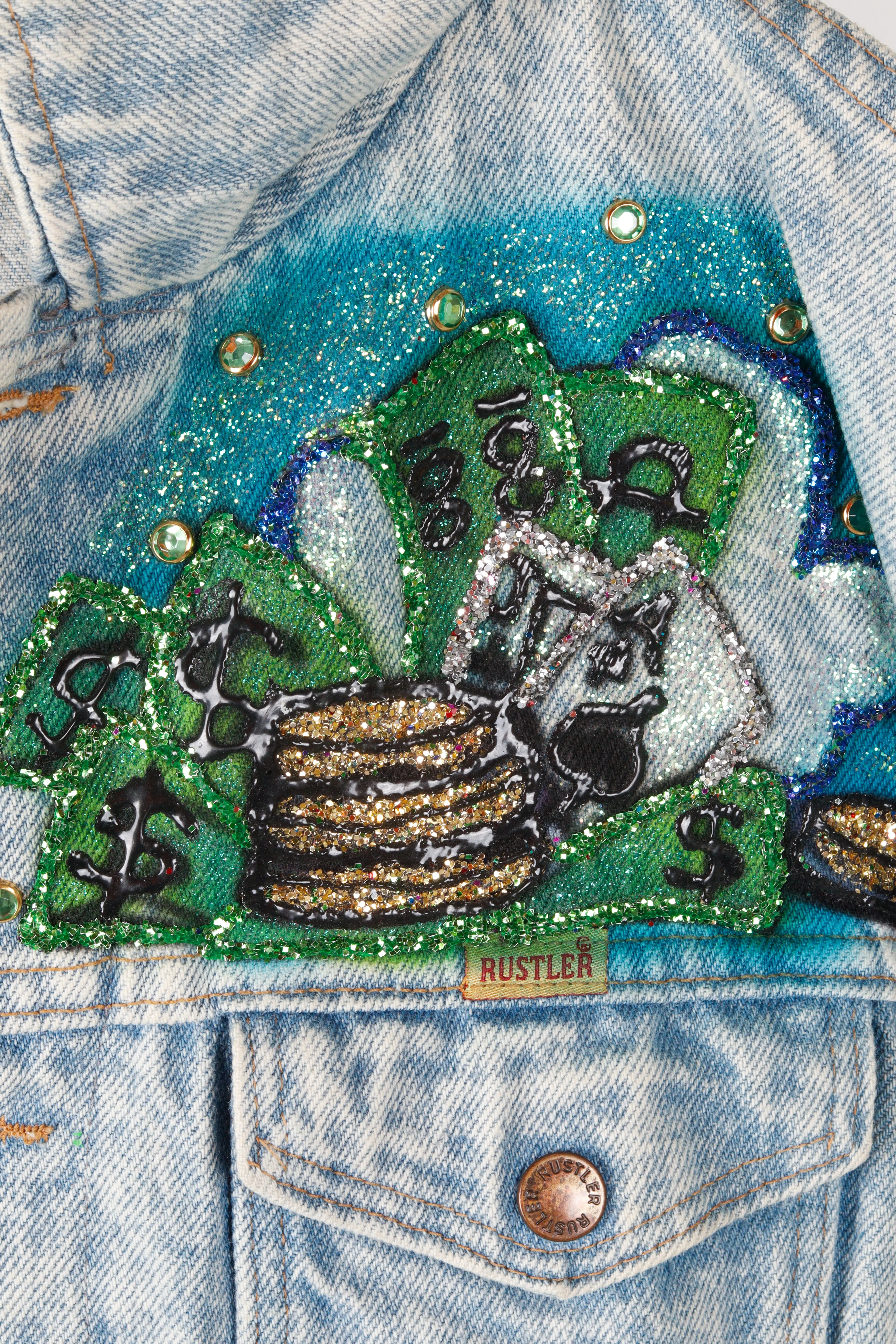 Vintage 80's Rustlers 'Custom Atlantic City' Bejeweled Denim Jacket  Light Wash