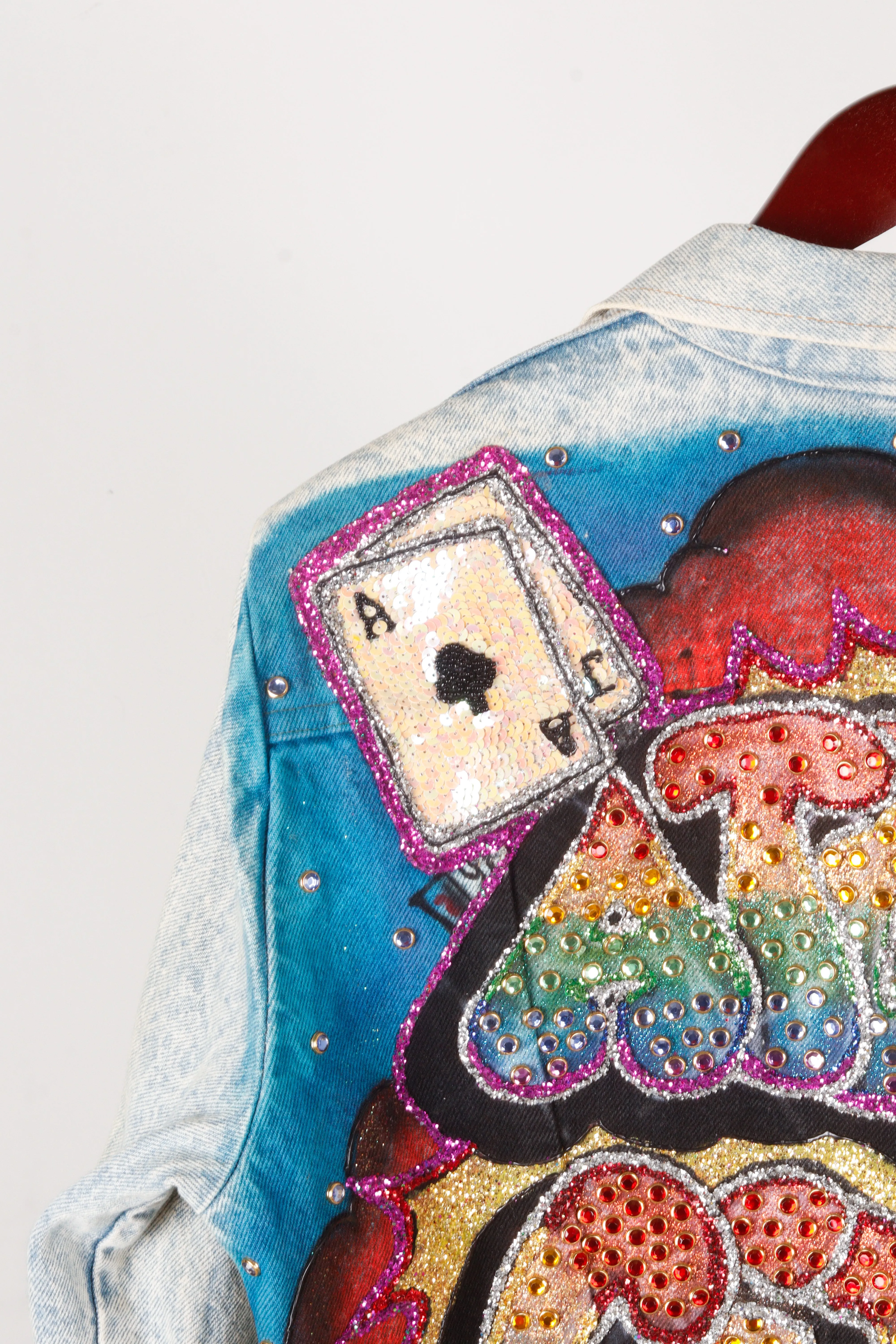 Vintage 80's Rustlers 'Custom Atlantic City' Bejeweled Denim Jacket  Light Wash
